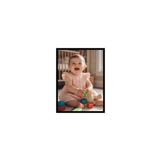 Pixora Cute Baby Girl Playing with Blocks Art - A4 Size Black Framed Nursery Wall Decor
