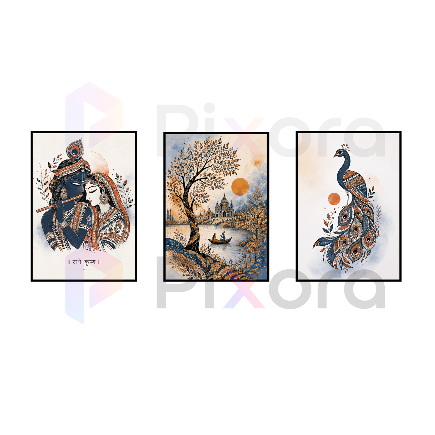 Pixora Traditional Radha Krishna, Vrindavan, and Peacock Art - Set of 3 A4 Size Black Framed Spiritual Wall Decor Gallery