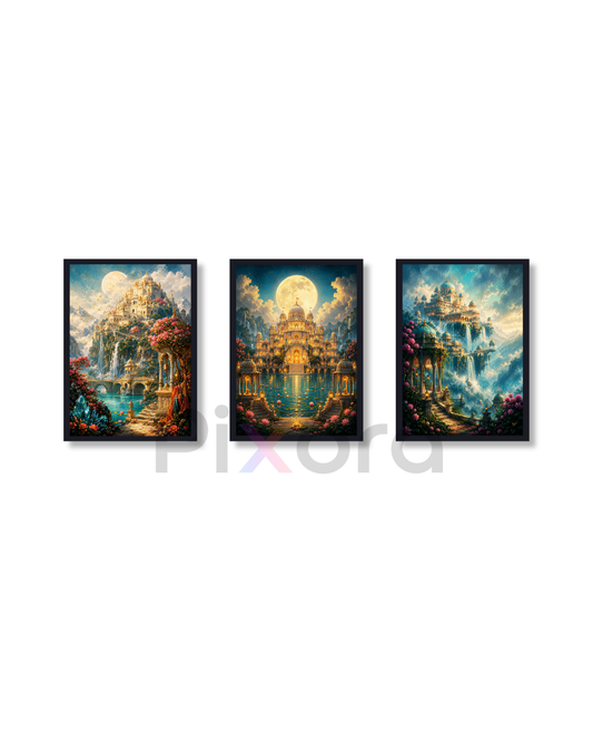 Pixora Celestial Indian Palace Fantasy Landscape Photo Frame Set of 3