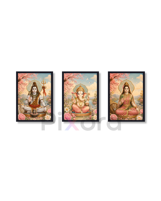 Pixora Shiv Parivar Floral Blessings Photo Frame Set of 3