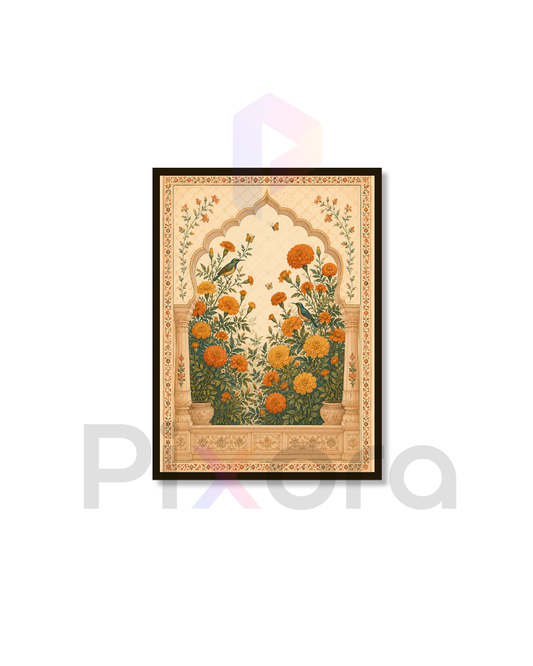 Pixora Mughal Floral Garden Photo Frame - Indian Traditional Marigold Arch Art Print