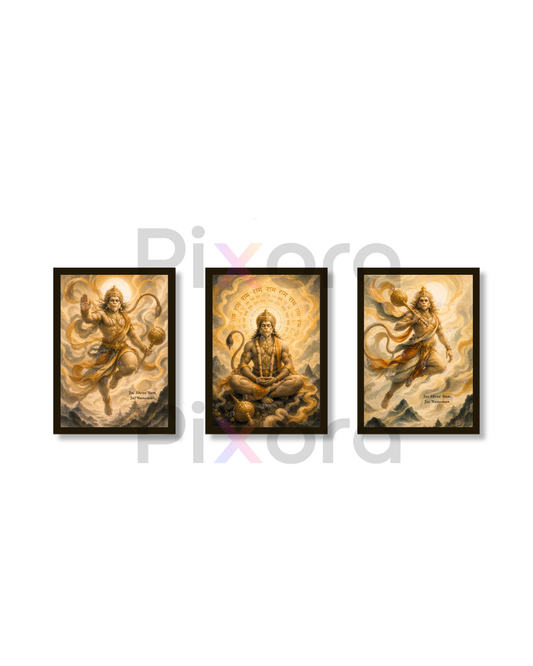 Pixora Jai Shree Ram Hanuman Ji Divine Trio Photo Frame | Set of 3 Framed Prints for Home, Pooja Room & Temple Decor