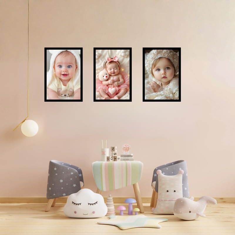 A4 Size Wooden Kids Photo Frame Set 3 Pcs Black Wall Mount Frames for Baby Growth Milestones, School Photos For Home and office Decor