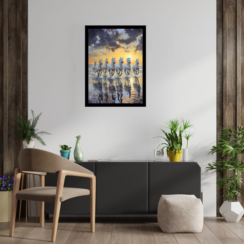 Pixora Black Wooden-Look Vastu 7 Horse Photo Frame A4 | Single Wall Décor Frame for Good Vibes & Interior Styling