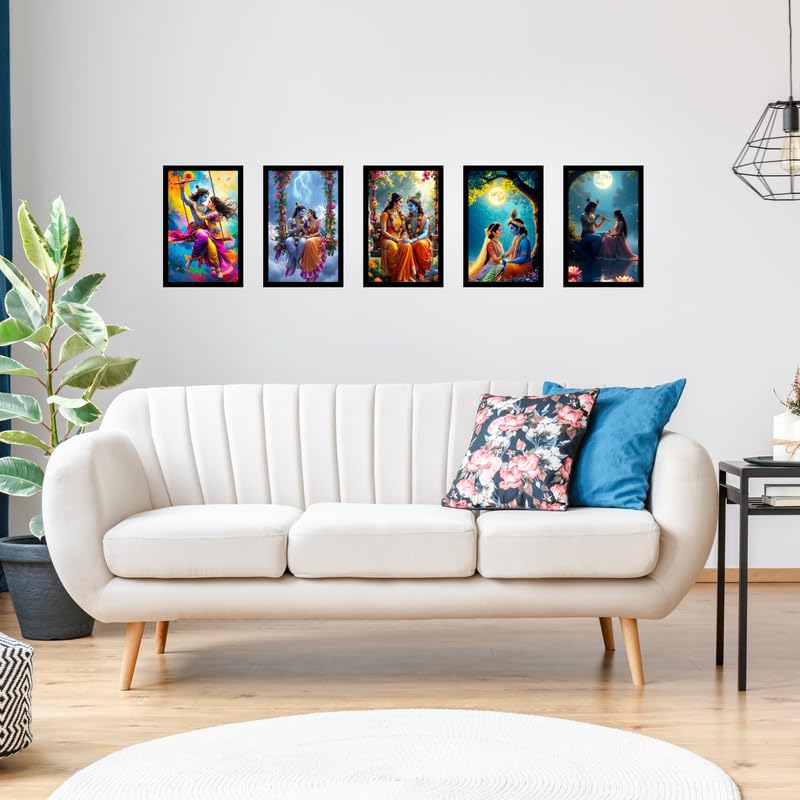 Pixora Elegant Radha Krishan Ji Black Photo Frame 8x12 Inch Set of 5 Perfect for Home Wall Dcor, Office, Gallery, Living Room, Bedroom, and Gifting Purpose Durable Frame with Clear Fiberglass Finish