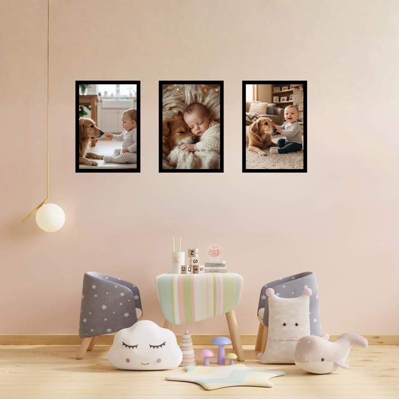Pixora Wooden A4 Photo Frame Set for Kids 3 Pcs Wall Hanging Frames Classic Black for Baby Portraits, Family Moments, Art Display & Room Decor