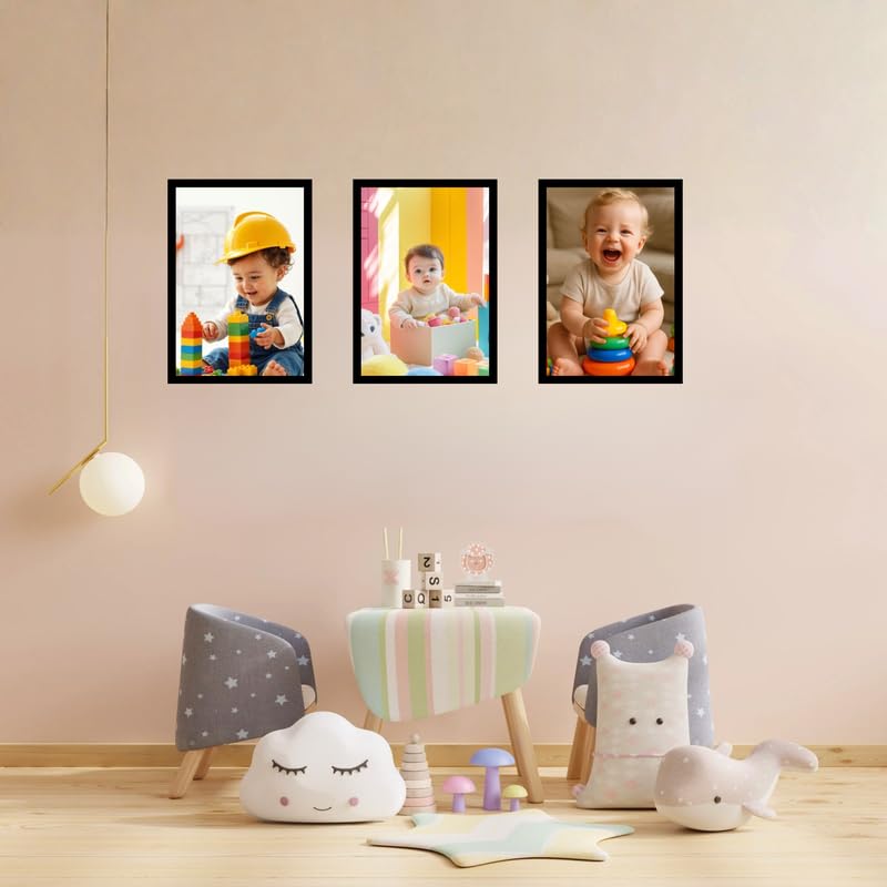 Pixora A4 (8x12) Wooden Kids Photo Frame 3-Piece Set Elegant Black Wall Mount Frames for Baby Photos, Kids Achievements, Art Prints & Certificates