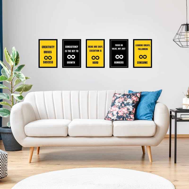 Pixora Set of 5 A4 (8x12 Inch) Black Wooden Frames with Creativity Drives Success Inspirational Print | Elegant Wall & Table Photo Frames for Workspace & Home