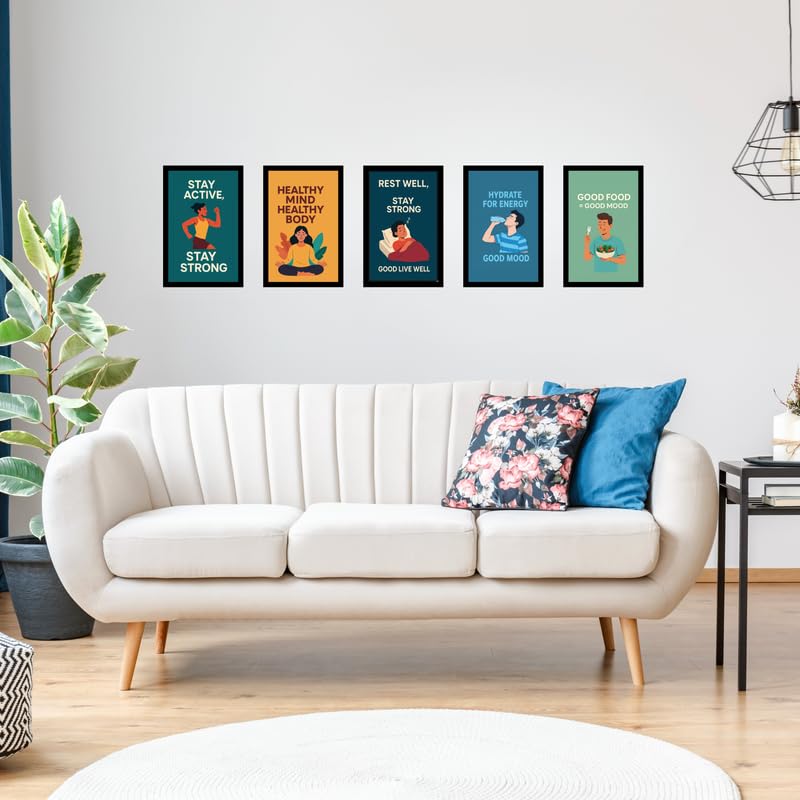Set of 5 A4 (8x12 Inch) Black Wooden Frames with Stay Active Stay Strong Inspirational Print | Fitness & Motivation Frame for Wall and Desk Display