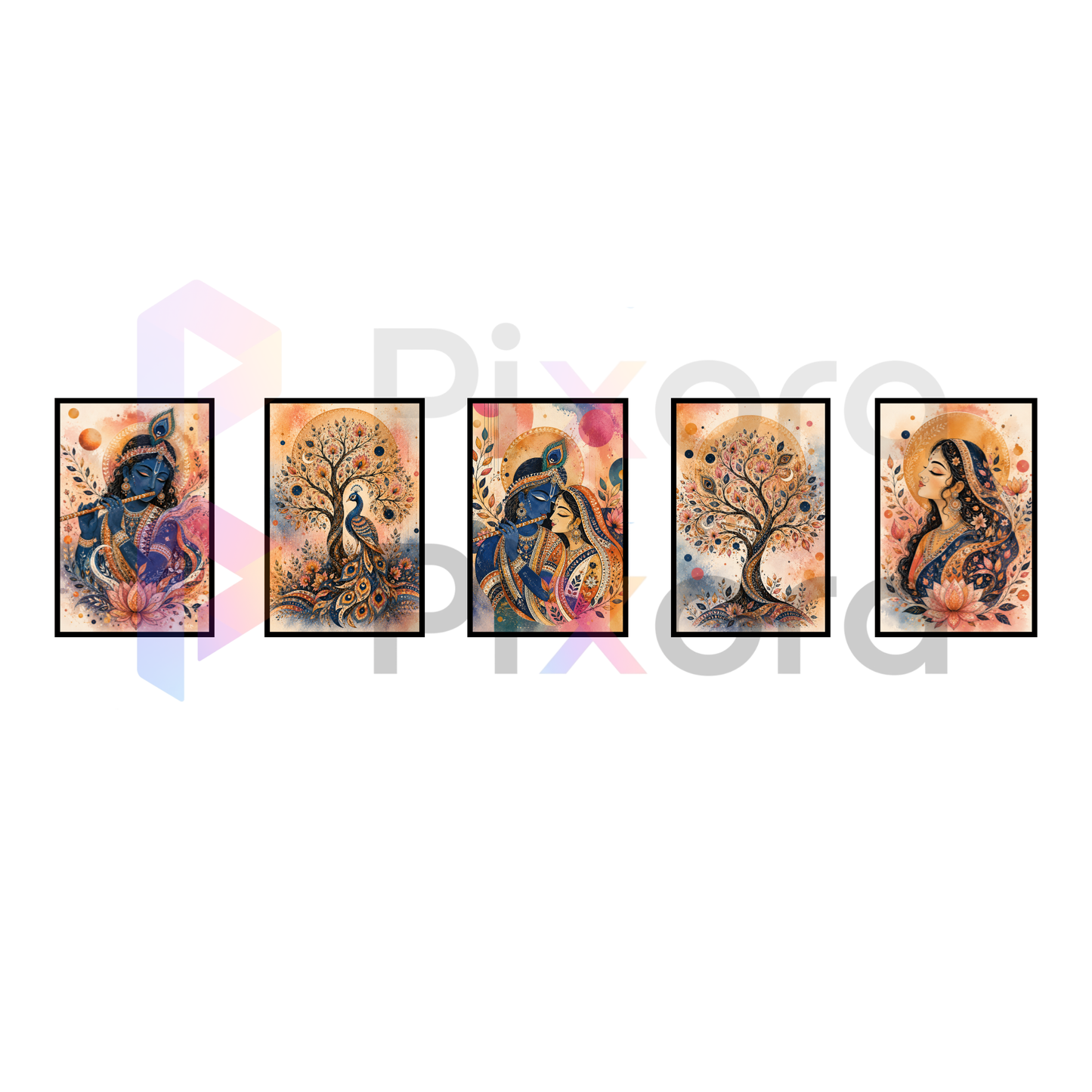 Pixora Traditional Radha Krishna and Divine Forest Gallery - Set of 5 A4 Size Black Framed Spiritual Wall Decor