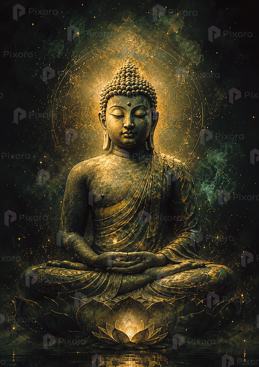 Pixora Meditating Lord Buddha on Lotus Art - A4 Size Black Framed Spiritual Wall Decor