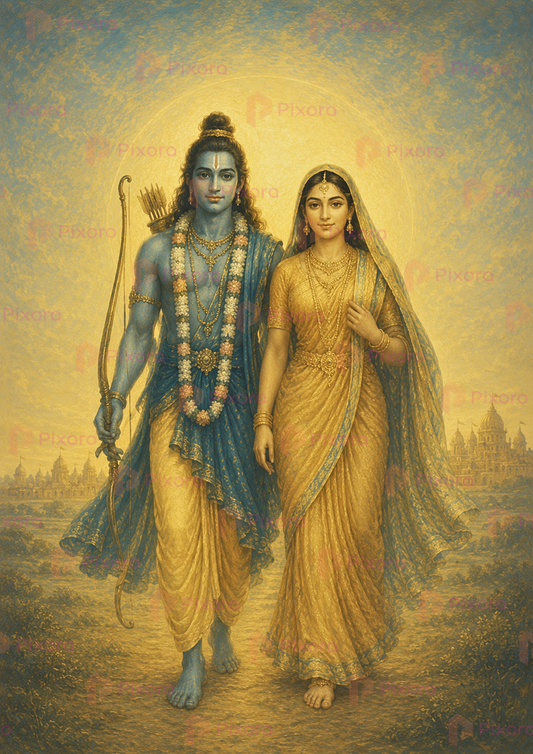 Pixora Divine Shri Ram and Sita Vanvaas Journey Art - Set of 3 A4 Size Black Framed Spiritual Wall Decor Gallery