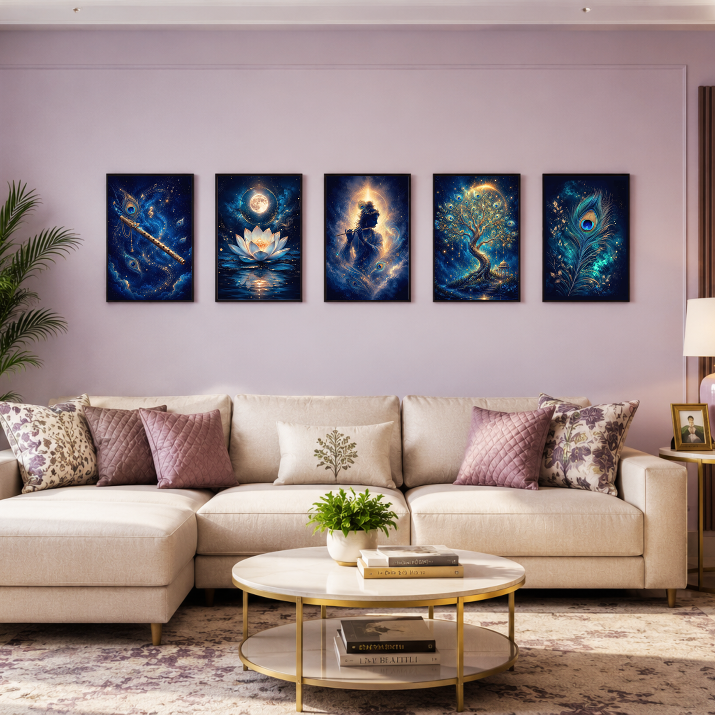 Pixora Cosmic Lord Krishna and Celestial Vrindavan Gallery - Set of 5 A4 Size Black Framed Spiritual Wall Decor