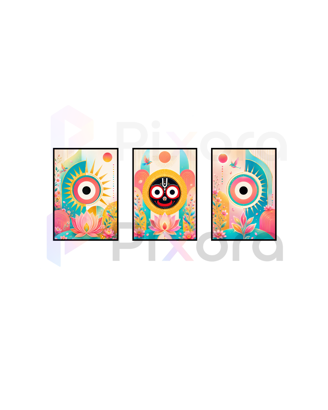Pixora Modern Boho Jagannath Triad Wall Art Triptych - Set of 3 Framed A4 Prints (8x12 Inches Each)