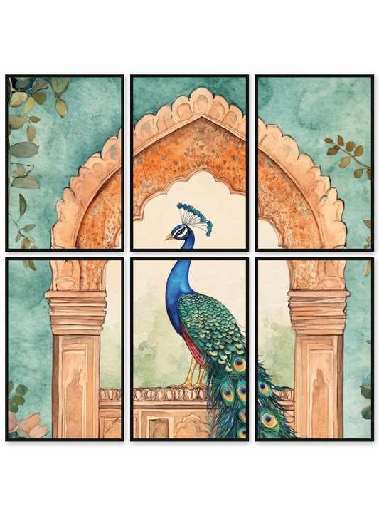 Pixora Royal Peacock Archway: 6-Piece Framed Watercolor Wall Art Set