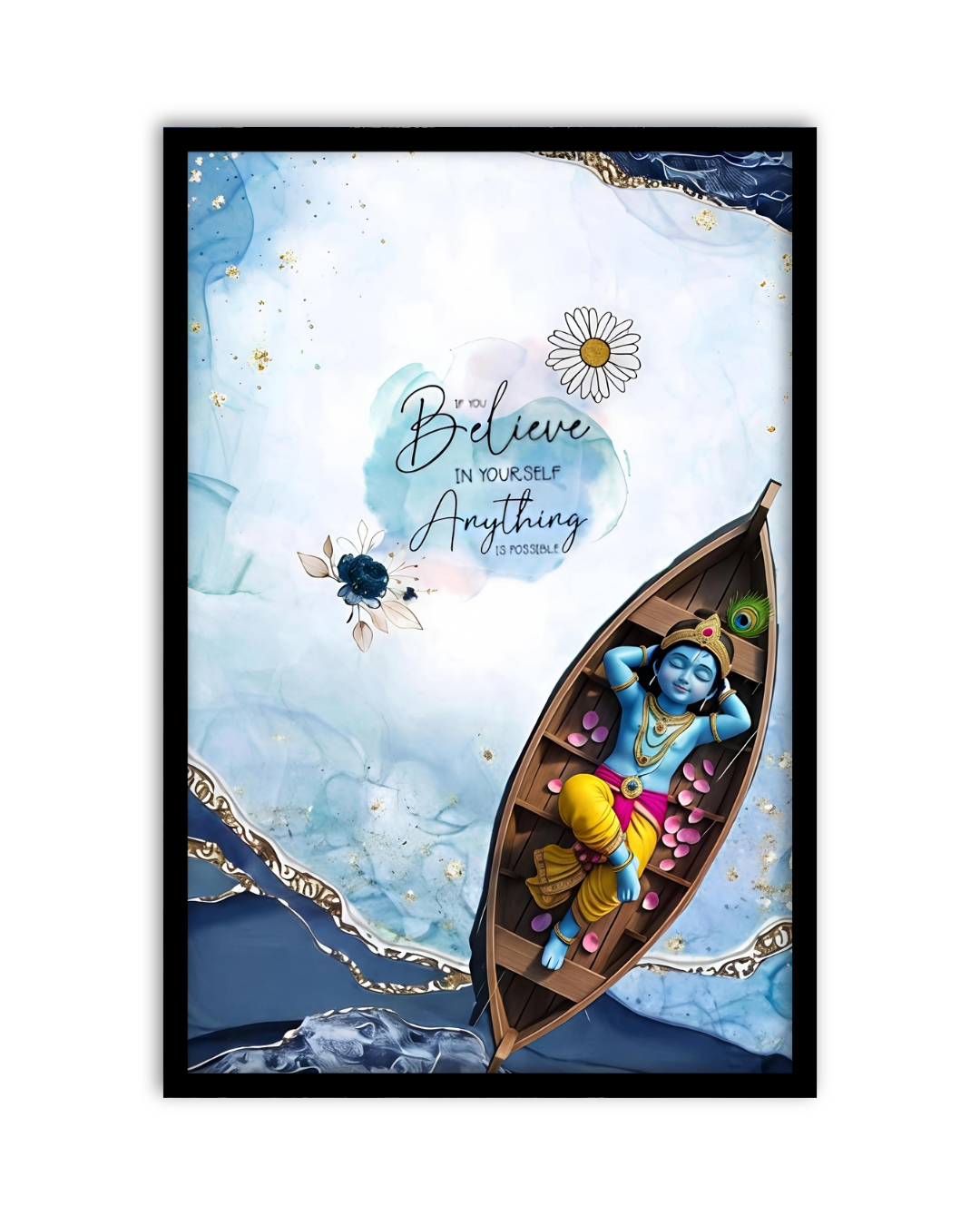 Pixora Bal Krishna in Boat Motivational Quote Art - A4 Size Black Framed Spiritual Wall Decor
