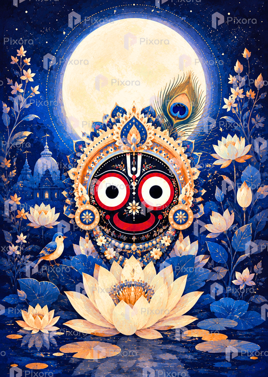 Pixora Lord Jagannath Full Moon Night Wall Art - Framed A4 Size Print (8x12 Inches)
