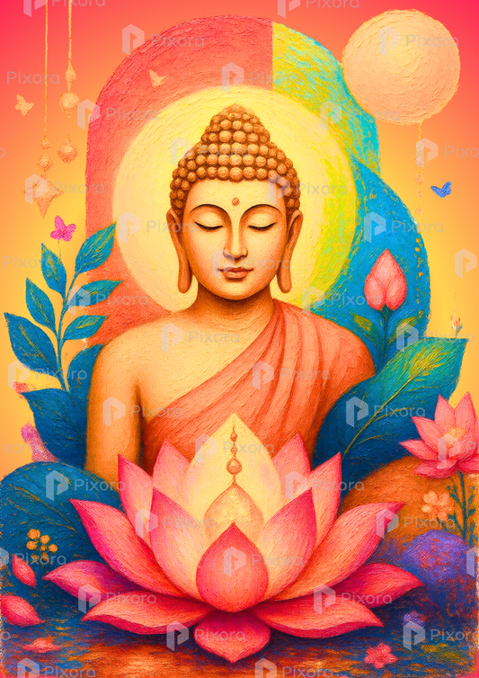 Pixora Meditating Buddha under the Full Moon Wall Art - Framed A4 Size Print (8x12 Inches)
