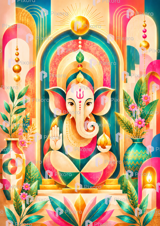 Pixora Modern Abstract Lord Ganesha Wall Art - Framed A3 Size Print (12x18 Inches)