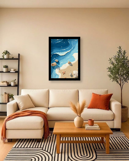 Pixora Textured Ocean Wave and Seashell Art - A4 Size Black Framed Coastal Wall Decor