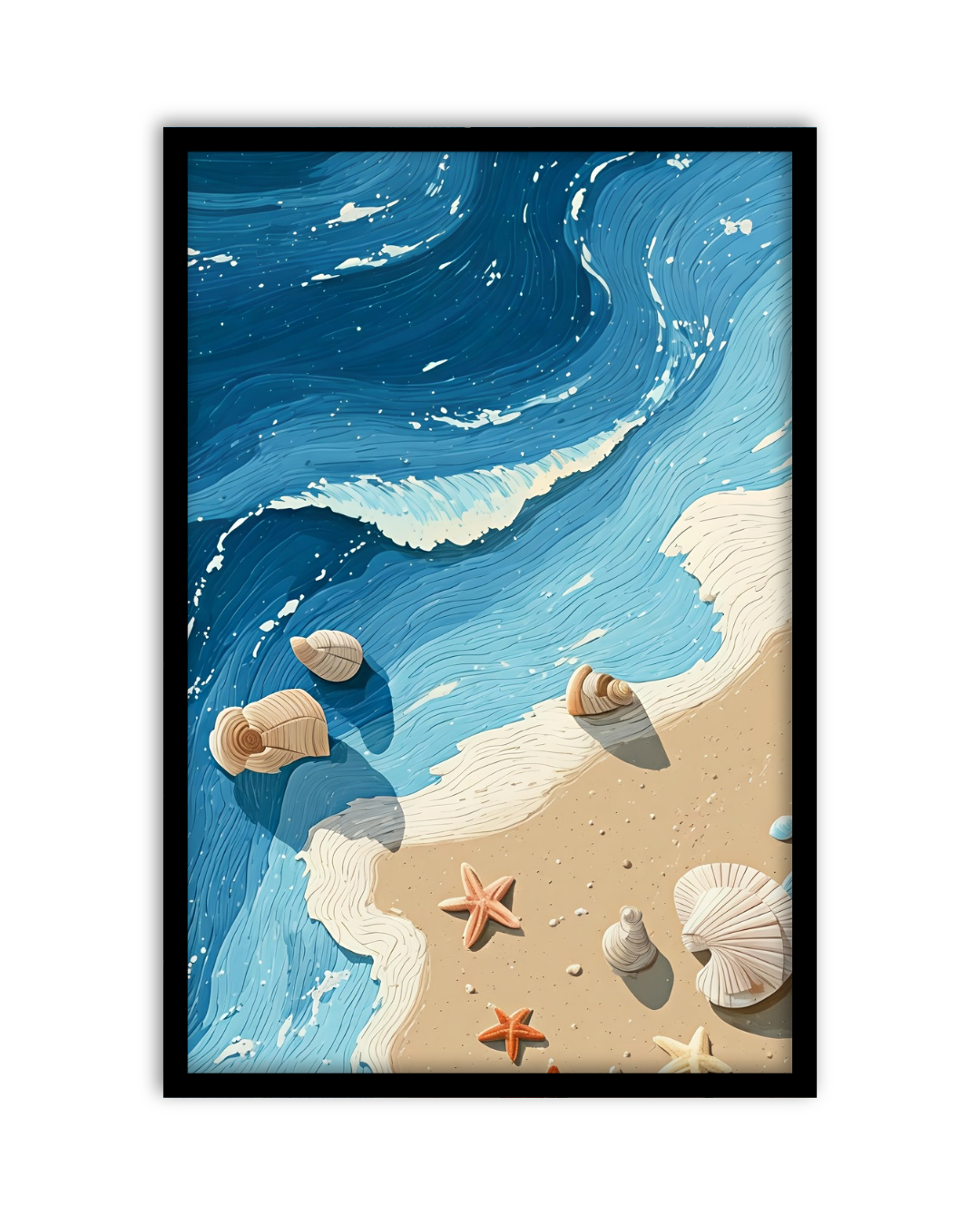 Pixora Textured Ocean Wave and Seashell Art - A4 Size Black Framed Coastal Wall Decor