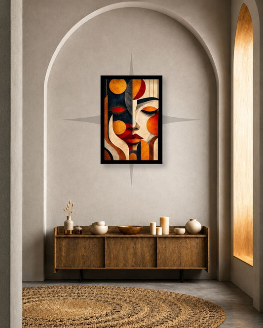 Pixora Art Deco Geometric Face Art - A4 Size Black Framed Abstract Portrait Wall Decor