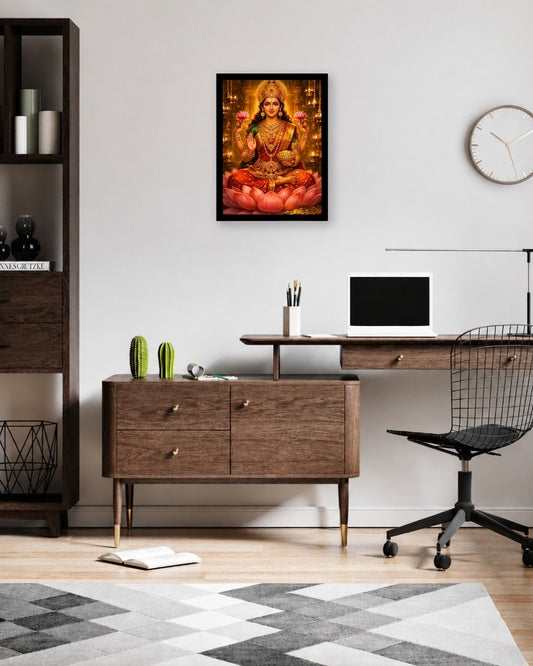 Pixora Divine Goddess Lakshmi on Lotus Art - A4 Size Black Framed Spiritual Wall Decor