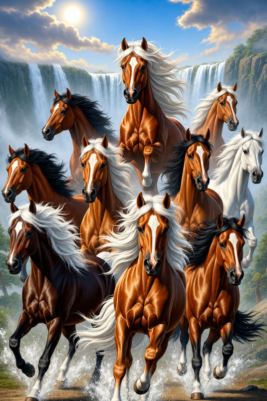 Pixora A4 Size Black Framed Majestic Wild Horses Galloping by Waterfall Canvas Wall Art