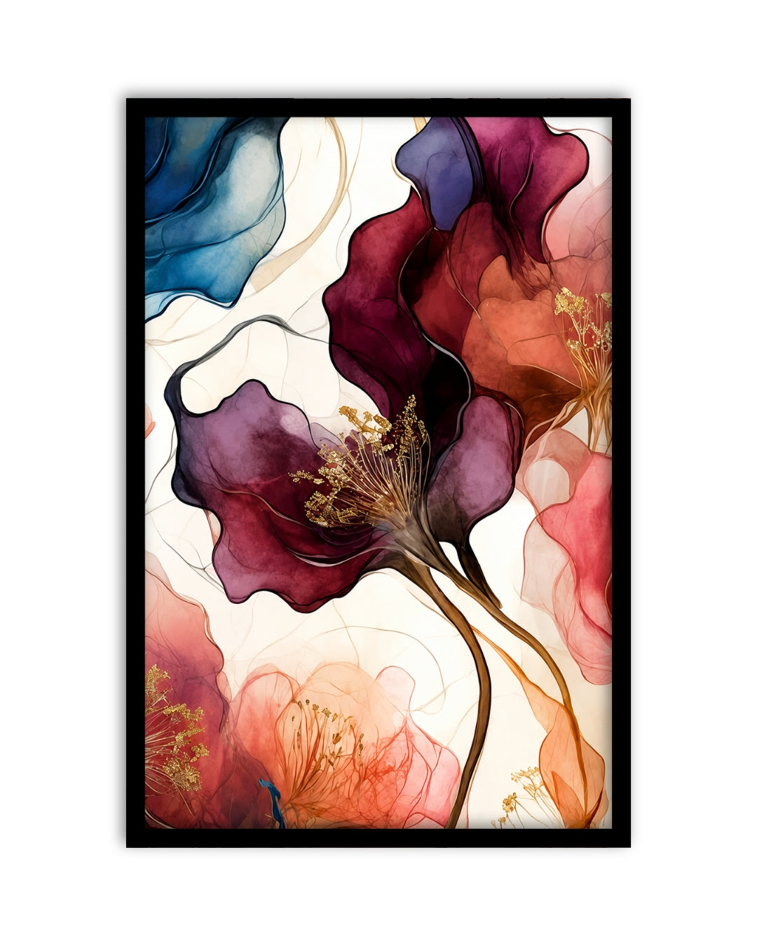 Pixora Ethereal Floral Alcohol Ink Art - A4 Size Black Framed Abstract Wall Decor