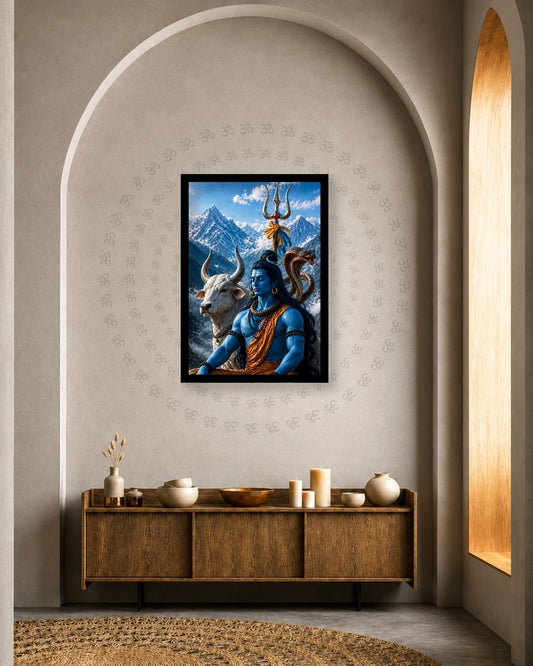 Pixora Meditating Lord Shiva with Nandi Art - A4 Size Black Framed Spiritual Wall Decor