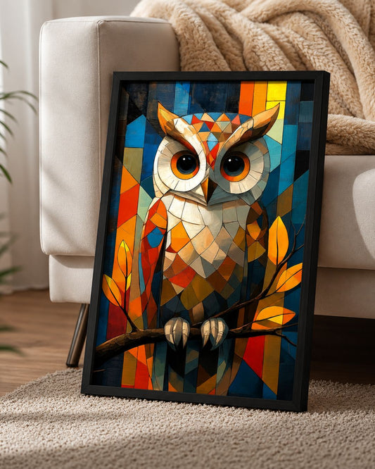 Pixora Geometric Mosaic Owl Art - A4 Size Black Framed Stained Glass Style Wall Decor