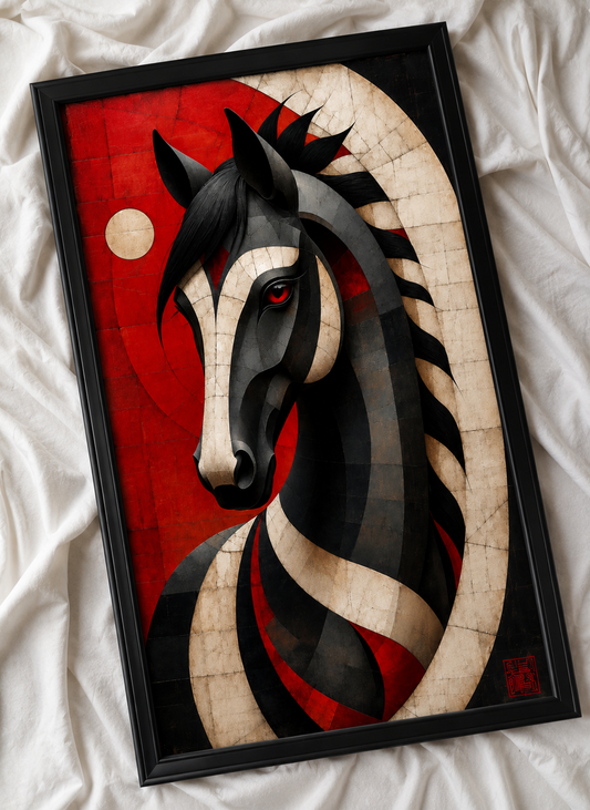 Product Title: Pixora Avant-Garde Geometric Horse Art - A4 Size Black Framed Abstract Wildlife Wall Decor