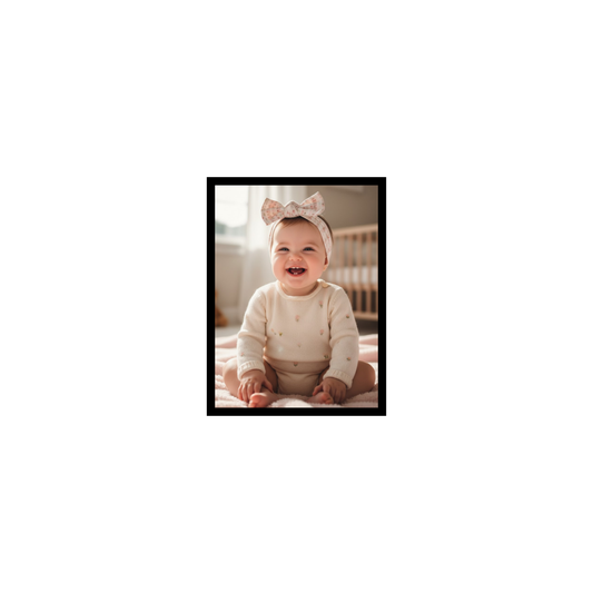 Pixora Cute Smiling Baby Girl Portrait Art - A4 Size Black Framed Nursery Wall Decor