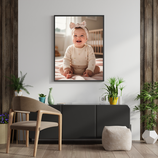 Pixora Cute Smiling Baby Girl Portrait Art - A4 Size Black Framed Nursery Wall Decor