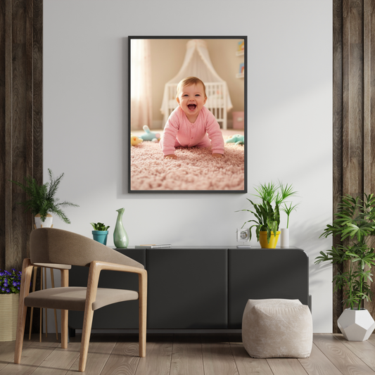 Pixora Happy Crawling Baby in Pink Romper Art - A4 Size Black Framed Nursery Wall Decor