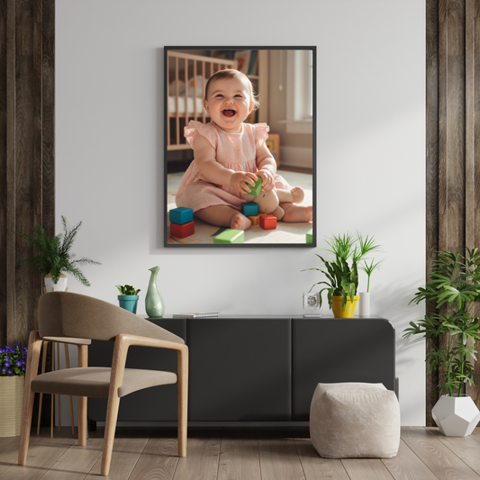 Pixora Cute Baby Girl Playing with Blocks Art - A4 Size Black Framed Nursery Wall Decor
