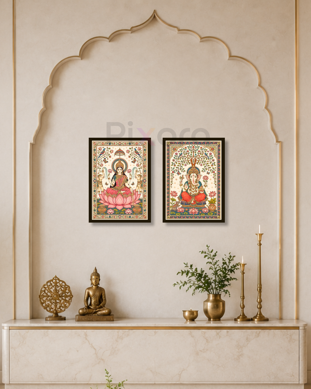 Pixora Lakshmi Ganesha Photo Frame Set of 2 | Traditional Pattachitra Style Devotional Frames for Pooja Room & Home Decor