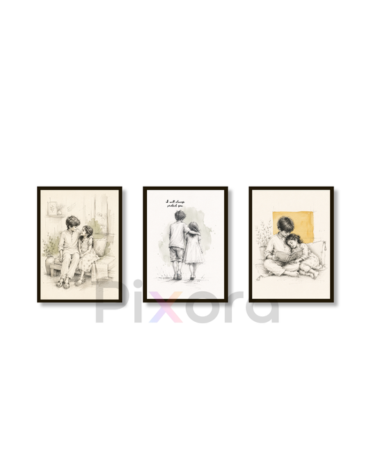 Pixora I Will Always Protect You Photo Frame - Raksha Bandhan Gift | Set of 3 Brother Sister Sketch Art Prints