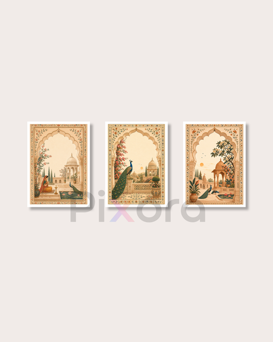 Pixora Royal Mughal Palace Peacock Photo Frame - Set of 3 Indian Heritage Art Prints
