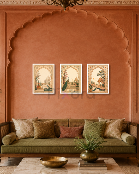 Pixora Royal Mughal Palace Peacock Photo Frame - Set of 3 Indian Heritage Art Prints