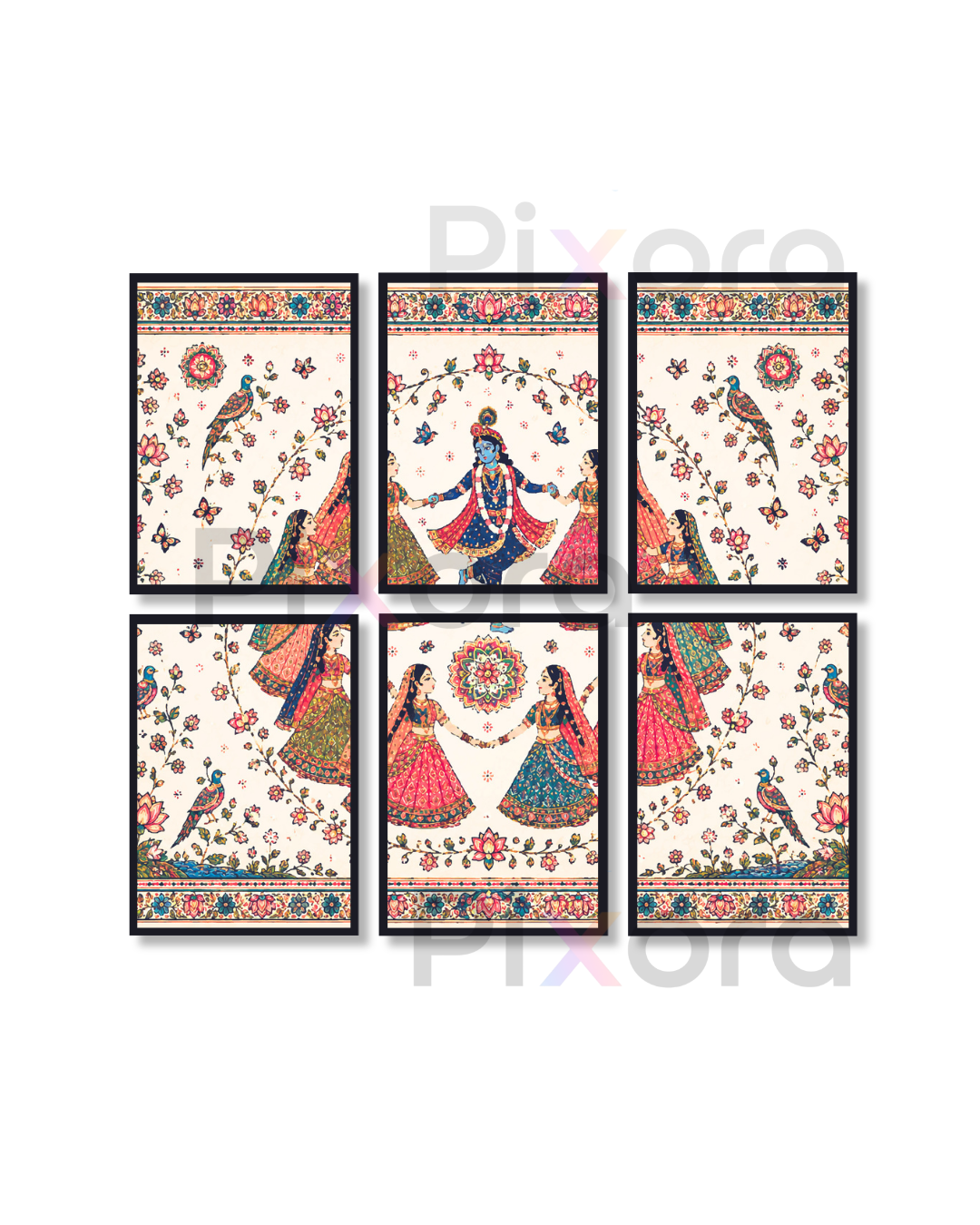 Pixora Radha Krishna Raas Leela Pichwai Art Photo Frame Set of 6