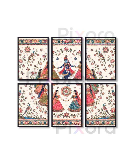 Pixora Radha Krishna Raas Leela Pichwai Art Photo Frame Set of 6