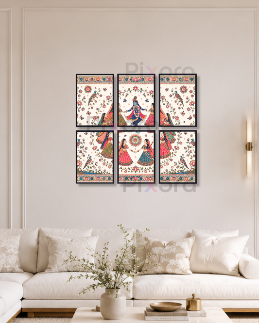 Pixora Radha Krishna Raas Leela Pichwai Art Photo Frame Set of 6
