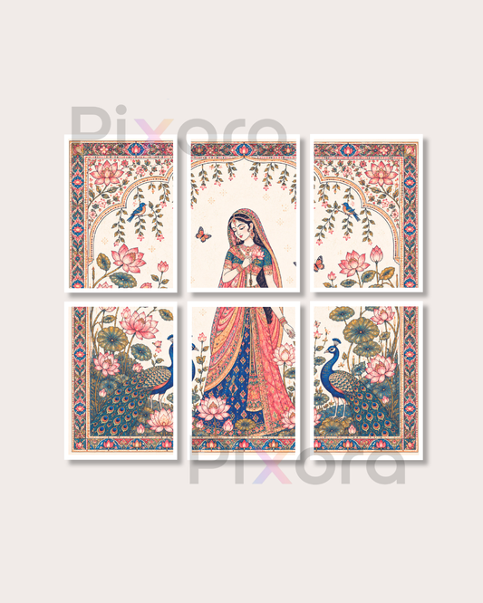 Pixora Rajasthani Bridal Lotus & Peacock Photo Frame - Set of 6 Indian Miniature Art Prints