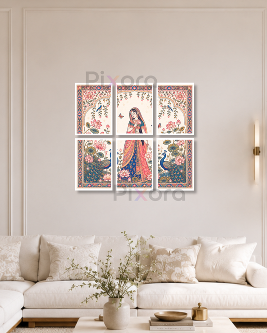 Pixora Rajasthani Bridal Lotus & Peacock Photo Frame - Set of 6 Indian Miniature Art Prints