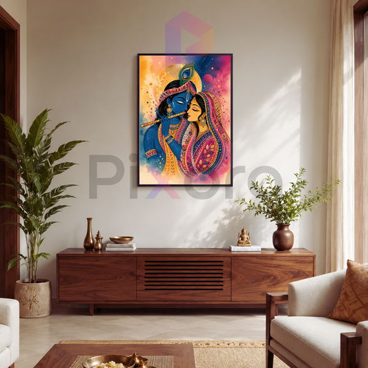 Pixora Eternal Radha Krishna Divine Love Art - A4 Size Black Framed Spiritual Wall Decor