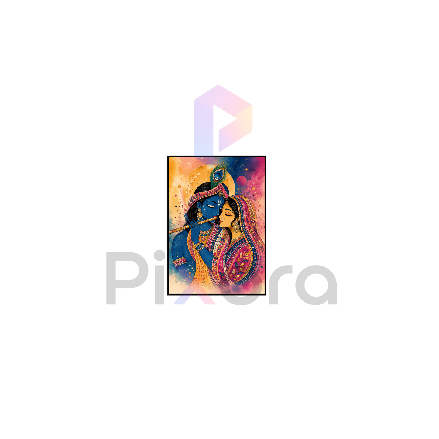 Pixora Eternal Radha Krishna Divine Love Art - A4 Size Black Framed Spiritual Wall Decor