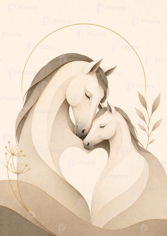 Pixora Mother & Foal Boho Horse Love Wall Art Frame - A4 & A3 Size