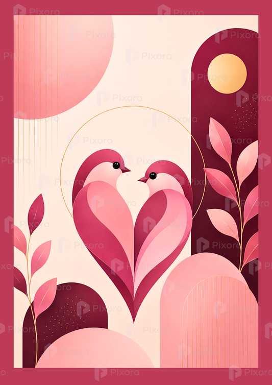Pixora Love Birds Heart Art Wall Frame | Romantic Botanical Print | Dark Walnut Frame