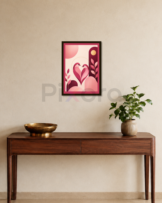 Pixora Love Birds Heart Art Wall Frame | Romantic Botanical Print | Dark Walnut Frame